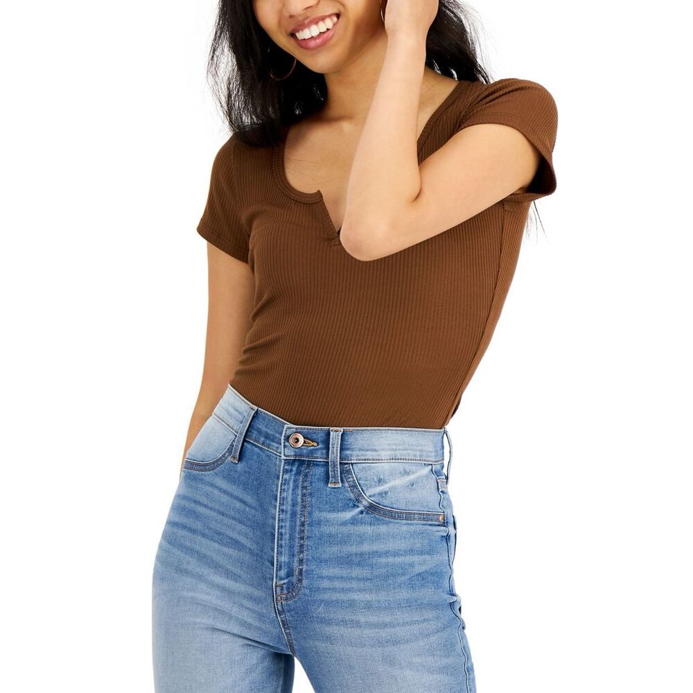 Just Polly Juniors' Ribbed Split-Neck Bodysuit - Cappucino Size S